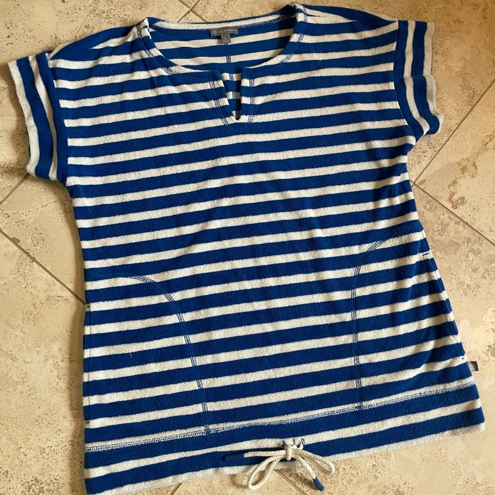 Woman’s Blue & White Stripe Short-Sleeve Terry Cloth  Top